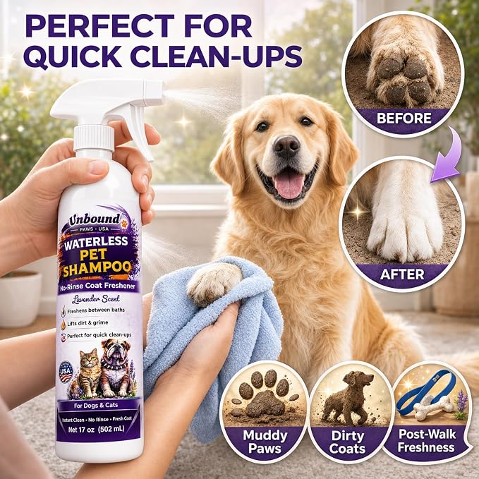 Waterless Pet Shampoo for Dogs & Cats - Lavender Scent No-Rinse Foam - Easy Grooming & Deodorizing - 17 oz