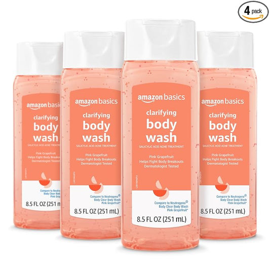 Amazon Basics Clarifying Pink Grapefruit Body Wash, 2% Salicylic Acid Acne Treatment, Foaming, Refreshing, Prevents Breakouts, Dermatologist Tested, 8.5 fl oz, 4-Pack (Previously Solimo)