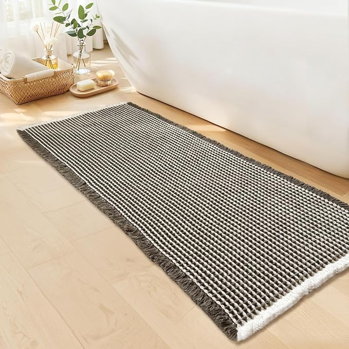 Waffle Runner Bath Mat - Long Boho Bathroom Rugs Non Slip Washable, Super Absorbent & Quick Dry, Soft Bath Mat Farmhouse Bathroom Decor, 24'' x 60'', Olive Green and White