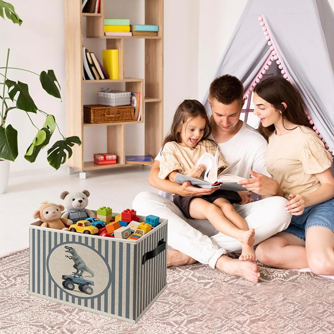 Dinosaur Truck Boy Nursery Foldable Storage Bins Box with Handles, Blue Striped Dino Dinosaur Truck Collapsible Organizer Basket for Boys Kids Bedroom Bathroom Playroom Clothes Books
