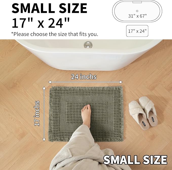 Waffle Bath Mat - Super Water Absorbing Bath Mat Quick Dry, Bathroom Rugs Non Slip Washable with Tassels, Rubber Backed Bathroom Mat for Bathroom Floor, Tub and Shower, 17" x 24", Olive Green