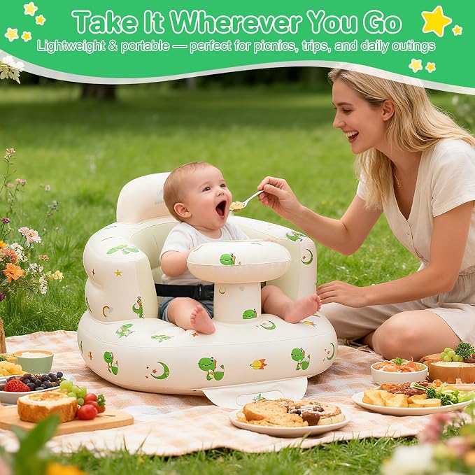 BEBOAN Inflatable Baby Seat with Tray for 3 Months Up Baby, Portable Upseat Baby Chair with Safety Strap for Sitting Up, Foldable Blow Up Infant Seat with Built-in Air Pump (Green Dinosaur)