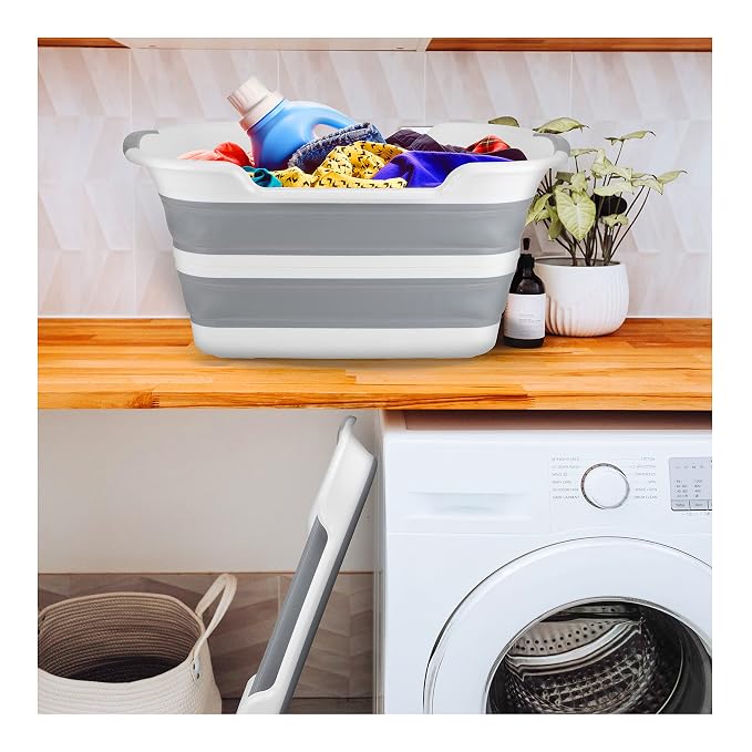 Collapsible Pet Bathtub with Water Drainage Hole and Plug - Foldable Plastic Basket, Wash Basin, Washing Station for Small Dogs Cats, Space Saving, Organizer, Bucket, Bin, Storage
