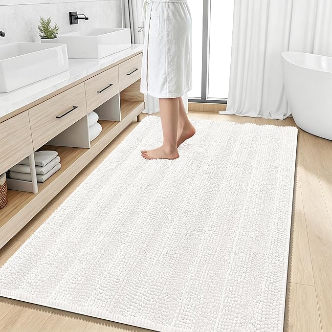 Smiry Thick Chenille Large Bathroom Rugs 59x35, Extra Soft Absorbent Striped Bath Mat, Machine Washable, Rubber Backing, Bath Rugs for Bathroom, Tub & Shower, Home Decor Accessories, Ivory