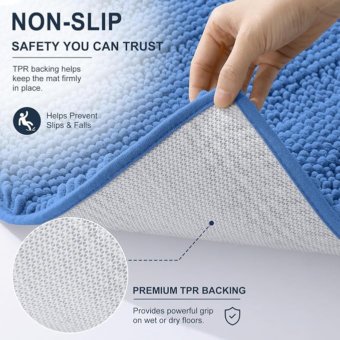 Smiry Thick Chenille Toilet Rugs U-Shaped 24x20, Extra Soft Absorbent Striped Contour Bathroom Rugs, Machine Washable, Dry Quickly, Bath Mat, Cornflower Blue