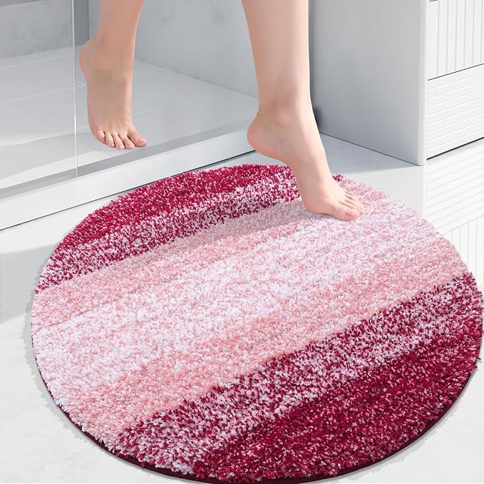 Arotive Microfiber Bathroom Rugs, Shaggy Soft and Absorbent Bath Rug, Thick Plush Machine Washable Dry Bath Mats for Bathroom, Tub and Shower, 24x24, Burgundy, Round