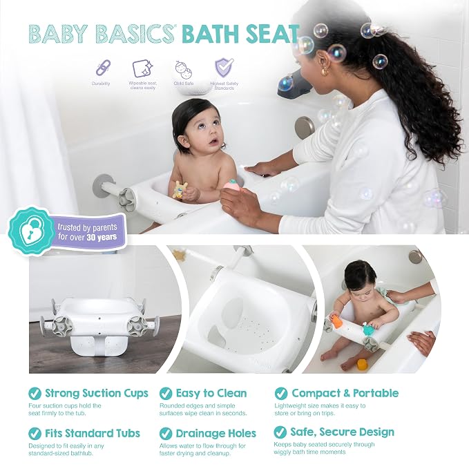 Regalo Baby Basics Baby Bath Seat with Suction Cups, Sit-Up Bath Support for Infants, Secure Baby Bath Chair for Bathtub, Easy Clean with Drain Holes, Fits Standard Tubs, White