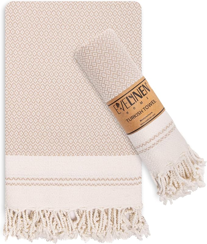 Evelynen Turkish Hand Towels for Bathroom & Kitchen Towels Decorative Set of 2 | Boho Farmhouse Hand Towels with Hanging Loops for Face, Tea, Dish, Kitchen & Bath | %100 Cotton (16" x 32" - Beige)