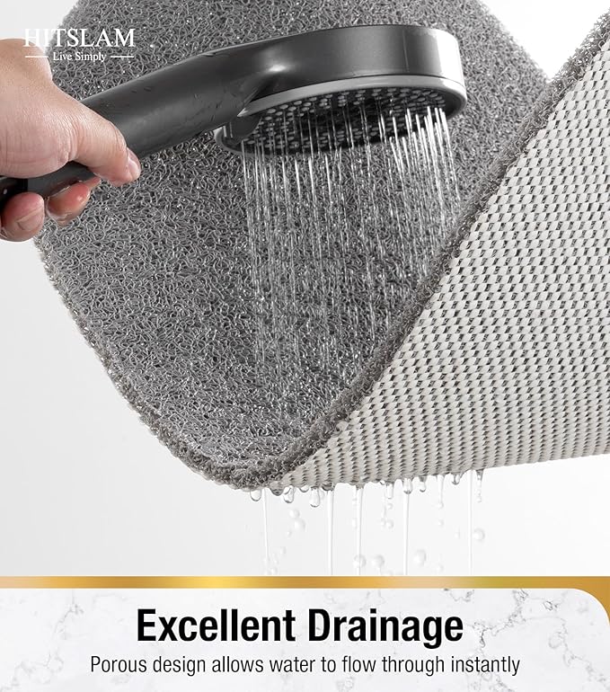 HITSLAM Oval Loofah Shower Mat Non Slip, 27x16 Inch, Grey | Bath Mat for Textured Tub & Inside Shower Stall, No Suction Cups Quick Drying PVC Porous Floor Mat, Soft Foot Exfoliating