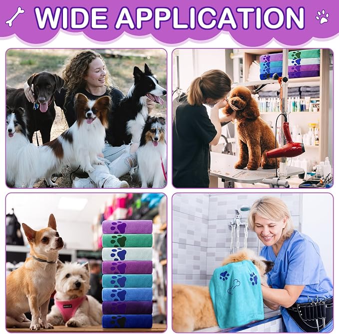 Chumia 8 Pcs Microfiber Dog Towels for Drying Dogs Cats 40 x 24 Inch Pet Towels Bulk for Large Puppy Absorbent Fast Drying Paw Bath Bathing Supplies for Pets(Dog Paw and Bone,Classic Color)