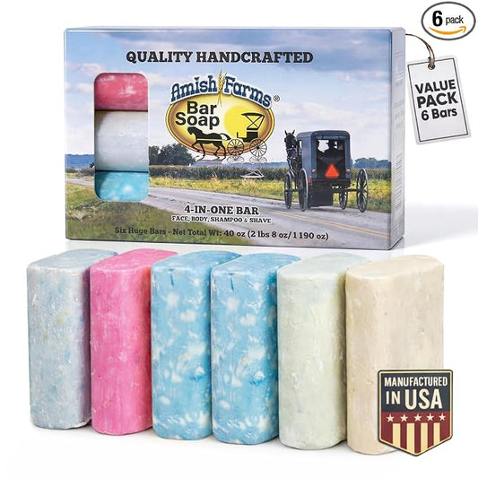 Amish Farms Bar Soap w/All Natural Bentonite Clay (6 Bars) Made in USA, Vegan Moisturizing for Sensitive Skin | Women & Mens Face & Body Bar Bath Soap for Shower | Clean Scent | 5 Ounce Each