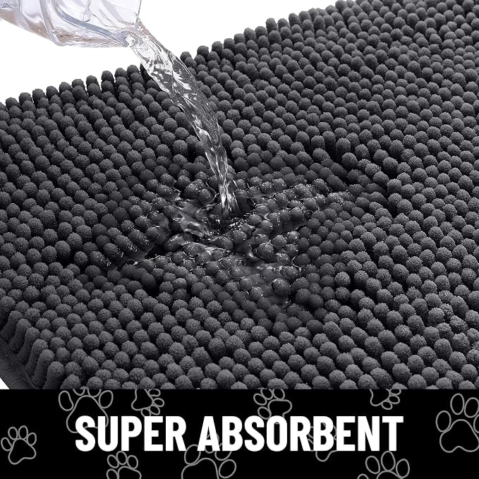 Smiry Dog Door Mat for Muddy Paws, Absorbent Dirt Trapper Non Slip Quick Dry Washable Chenille Mat for Mud Dogs, Entry Rug for Indoor and Outdoor (59x32 Inches, Dark Grey and White)
