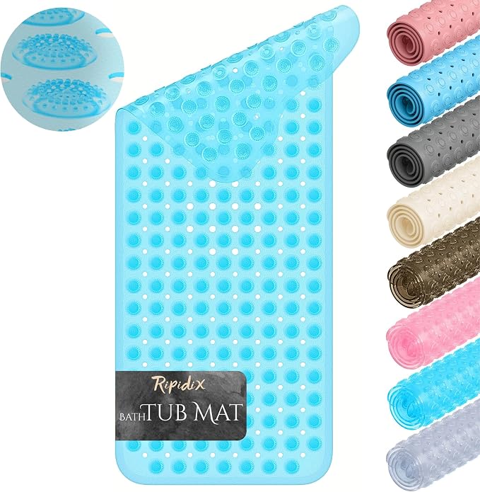 Non-Slip Bathtub Mat – 39"x15.5" Extra Long Shower Mat with Powerful Suction Cups & Drain Holes, Machine Washable Bath Mat for Tub, Foot Massage Texture, Helps Keep Tubs Clean, Clear Blue