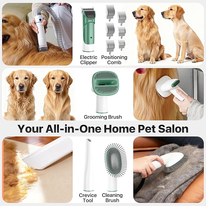 buenkee Dog Grooming Kit with Vacuum, 15000Pa Pet Hair Clipper and Shedding Brush, 2L Capacity, Green