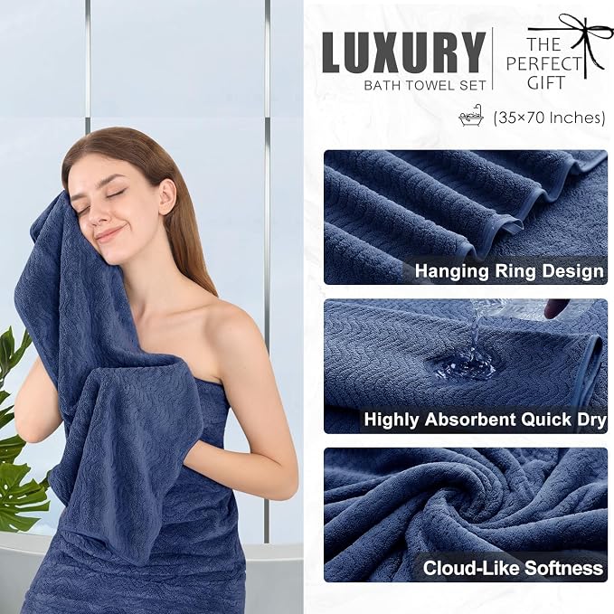 4 Piece Extra Large Bath Towel 35"x70" Oversized Bath Sheet Navy Blue Bath Towel Set for Bathroom Ultra Soft Cozy Highly Absorbent Quick Dry Bathroom Towel for Spa Gym Hotel,Shower Towel for Daily Use