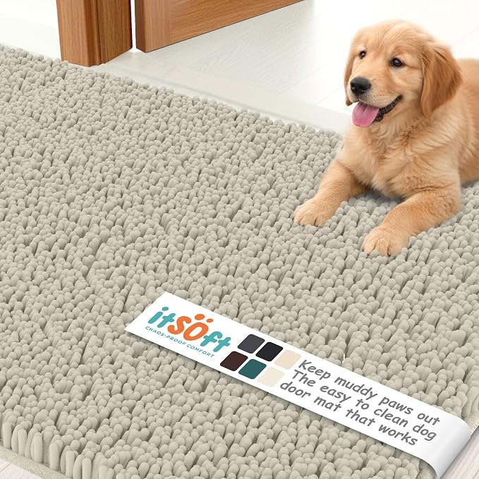Dog Rugs for Muddy Paws 59x21 | Cleaner Mud Free Floors | Muddy Dogs Mats for Indoor, Dog Mat for Muddy Paws Door Mat Washable, Absorbent Chenille Mud Room Rug Paw Matt w/ Non Slip Backing, Wax White