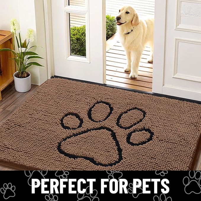 Smiry Dog Door Mat for Muddy Paws, Absorbent Dirt Trapper Non Slip Quick Dry Washable Chenille Mat for Mud Dogs, Entry Rug for Indoor and Outdoor (59x35 Inches, Coffee and Black)