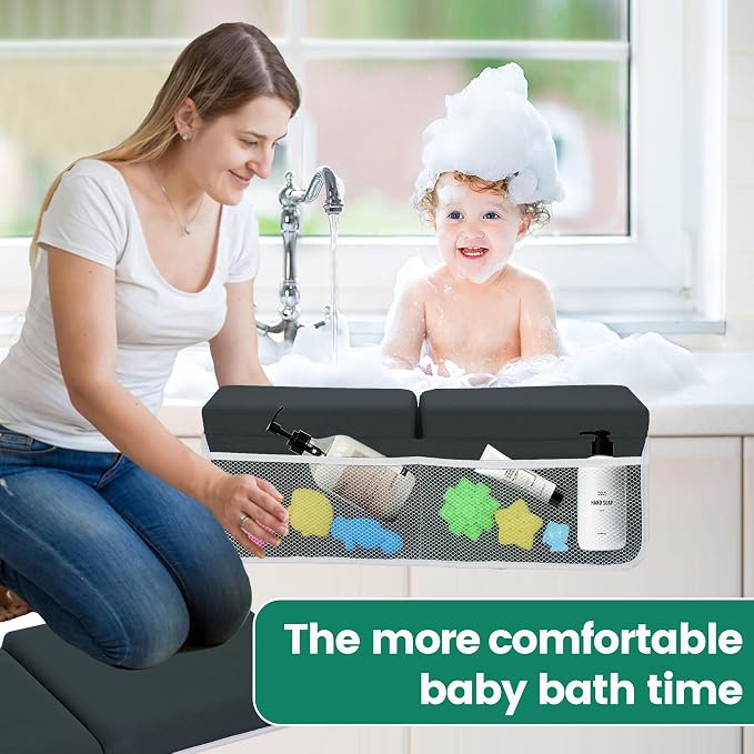 Comfortable Baby Bath Kneeler and Elbow Rest Pad Set, Thick Memory Foam Bath Kneeling Pad with Elbow Support, Baby Bathtub Cushion with Toy Organizer, Non-Slip for Infant or Toddler Bathing