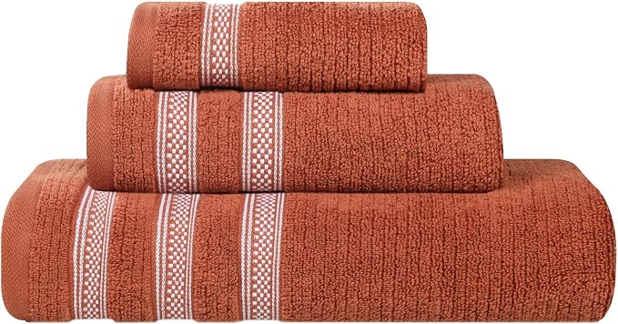 Superior Cotton 3-Piece Towel Set, Zero Twist, Ribbed Geometric, Bathroom Essentials, Shower, Spa, Luxury Plush Soft Absorbent Towels, Includes 1 Bath, 1 Hand, 1 Washcloth/Face Towel, Rust