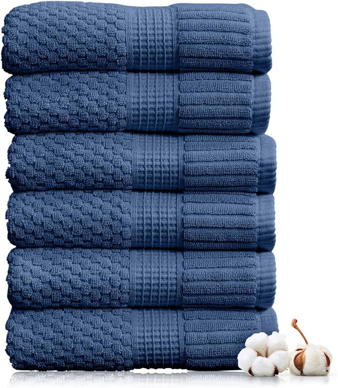 NY Loft 100% Cotton 6-Pack Hand Towel Set | Navy | Oeko-TEX | Quick-Dry | Six 16" x 28" Hand Towels | Super Absorbent | Designer-Styled Texture