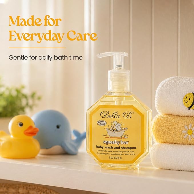 Bella B Squeaky Bee Bodywash 8 oz Baby Baby Bath Organic Natural Kids Organic Soap Baby Soap Organic 8 oz, Body Wash and Shampoo, Aloe Vera, 1 Count