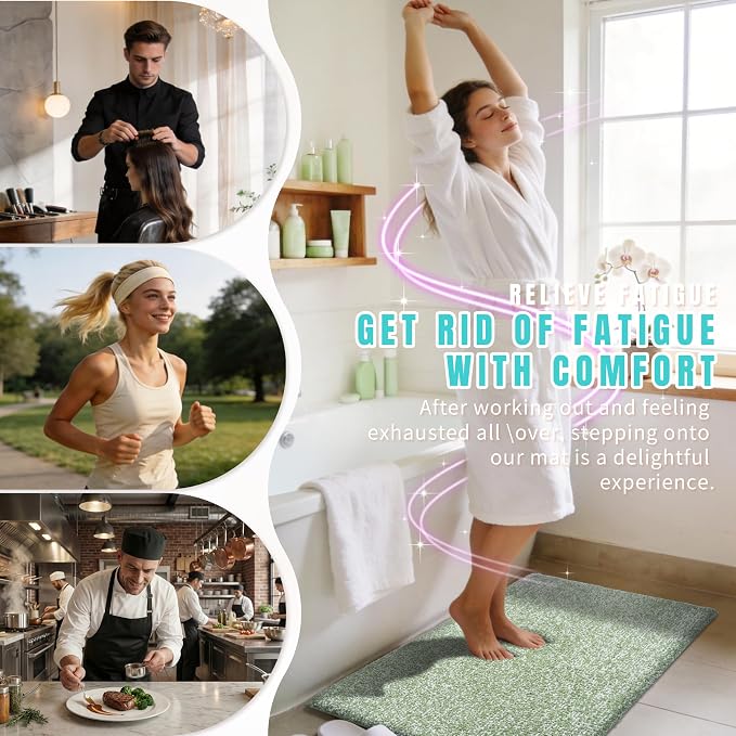 Yimobra Anti-Fatigue Long Bathroom Runner Rug Non Slip – Microfiber Cushioned Bath Mat Absorbent Machine Washable for Pressure Relief, Green and White, 56" x 24" (4.7' × 2.0')