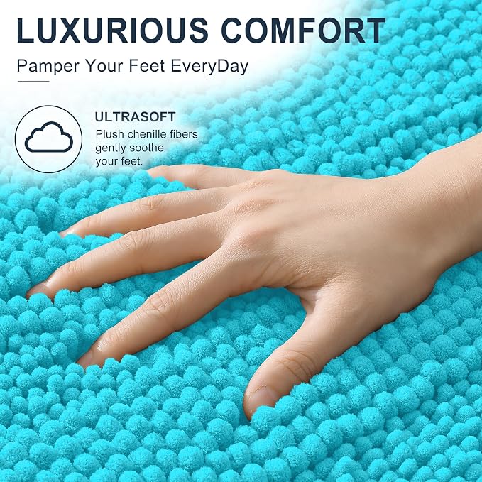 Smiry Thick Chenille Bathroom Runner Rugs 44x24, Extra Absorbent Striped Bath Mat, Machine Washable, Rubber Backing, Long Bath Rugs for Bathroom, Tub & Shower, Home Decor Accessories, Aqua Sky