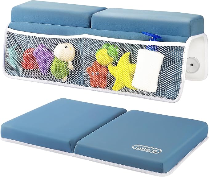 beiens Bath Kneeler and Elbow Rest Pad Set - 1.5'' Comfortable Thick Baby Bath Kneeler Pads, Quick Dry Soft Kneeling Pad for Baby Bath Time, Non-Slip Knee& Arm Support Bathtub Mat with Toys Organizer