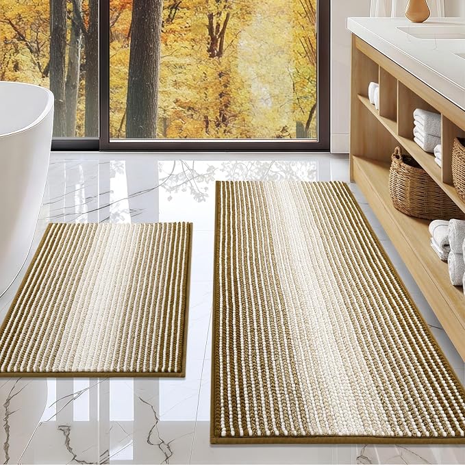 BSICPRO Bathroom Rugs and Mats Sets, 2 Piece Thick Absorbent Chenille Non Slip, Soft Shaggy Bath Room Floor Mats for Bathroom, Machine Washable (Petrified Oak, 20" x 47" Plus 16" x 24")
