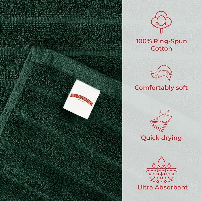 RIVERSIDE Pack of 2 Extra Large Bath Sheet Towels, 35 x 70 Inches, 600 GSM, Ribbed Stripe, 100% Cotton - Super Soft, Highly Absorbent & Quick Dry for Bathroom, Spa & Hotel, Hunter Green