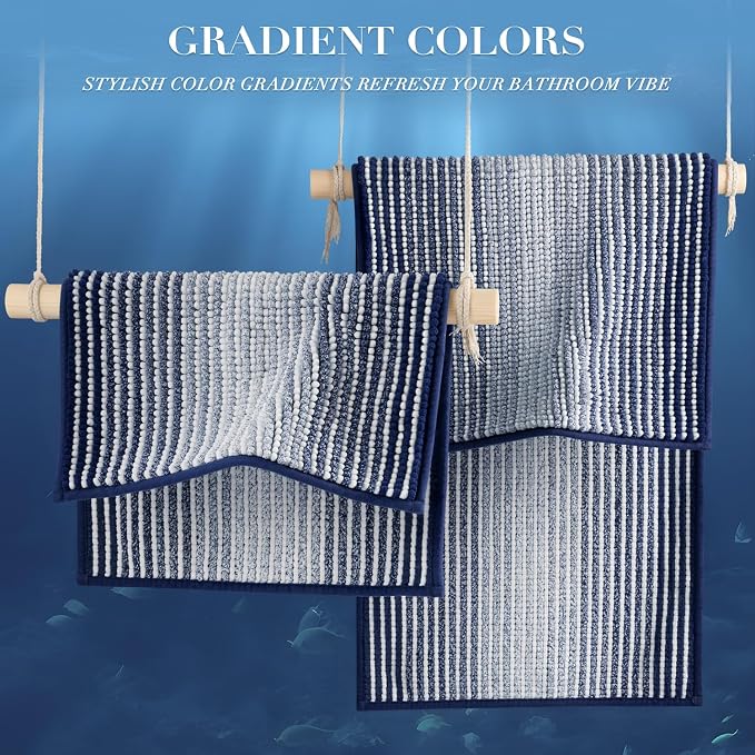 BSICPRO Bathroom Rugs and Mats Sets, 2 Piece Thick Absorbent Chenille Non Slip Soft Shaggy Floor Mats Machine Washable (20" x 47" Plus 16" x 24", Navy)