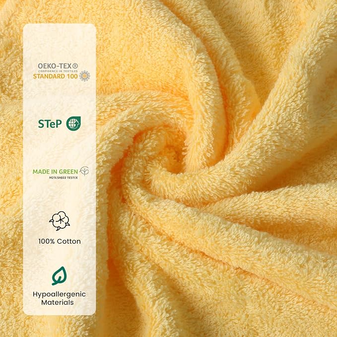 12-Piece Cotton Bath Towel Set with Hanging Loops for Bathroom, Yellow | Balanced towel set for family showers, sink-side use, guest baths, and wash-day rotation, OEKO-TEX certified, easy care