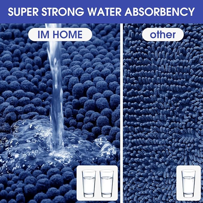 ACCUMTEK Striped Denim Blue Toilet Bathroom Rug Mat 24" x 20" Contour Rug Ultra Soft, Non Slip Chenille Bath Rugs, Absorbent Plush Shaggy Bath Mats for Bathroom, Bedroom, Kitchen, Shower, Tub