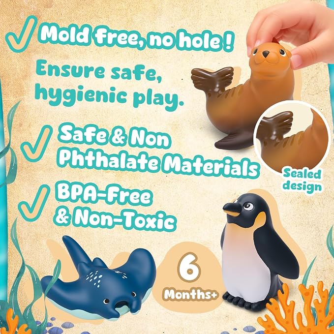 6-Pcs Ocean Animal Bath Toys for Toddlers 6M+, No Hole Mold Free Bathtub Toys, Whale Shark Dolphin Penguin Sea Animal Set for Baby Bath Time or Pool Water Play