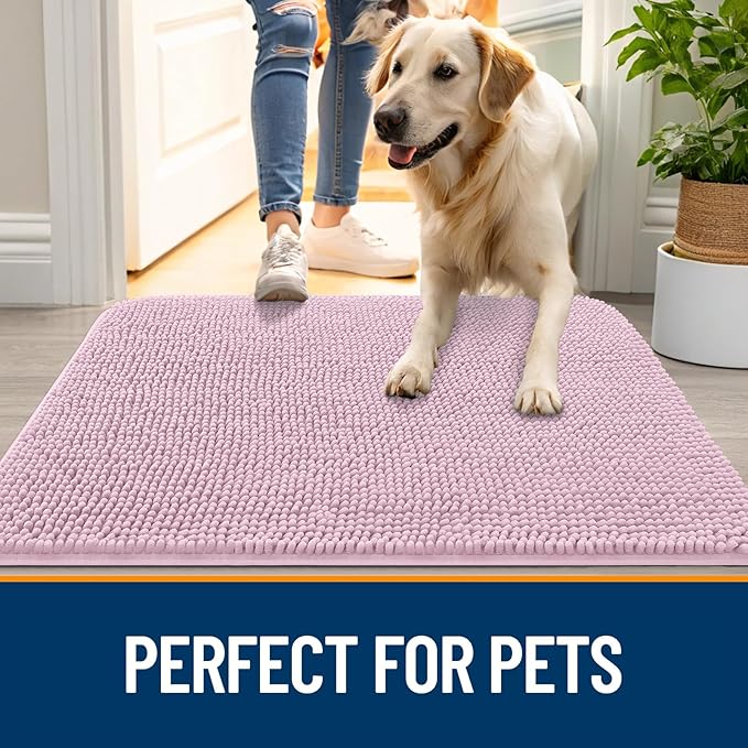 OLANLY Dog Door Mat for Muddy Paws 32x20, Absorbs Moisture and Dirt, Absorbent Non-Slip Washable Doormat, Quick Dry Chenille Mud Mat for Dogs, Entry Indoor Entryway Carpet for Inside Floor, Dusty Rose