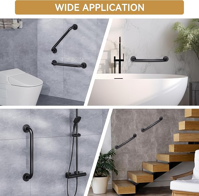 AmazerBath Shower Grab Bars for Seniors Anti Slip, Bath Safety Grab Bar for Needy, Stainless Steel Bathroom Safety Grab Bars, Thickened Bar Bigger Base Holds 500LBS, 16" L x 1.25" D, Black
