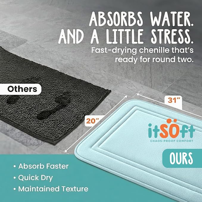 ITSOFT Memory Foam Bath Mat 31x20, Non Slip, Machine Washable, Quick Dry & Absorbent Rugs, Bath Mats for Bathroom Floor, Tub & Shower, Bathroom Rug, Spa Blue