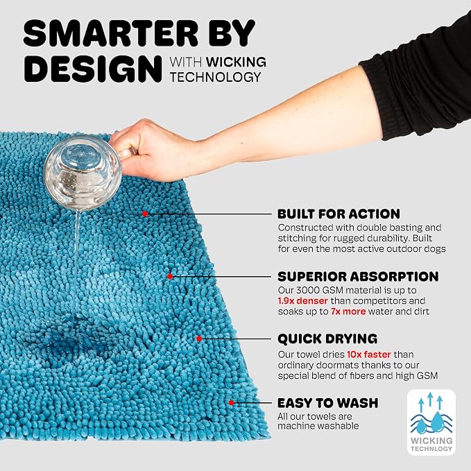 Dog Gone Smart Dirty Dog Doormat - Fast Drying Rug with Super Gripper Backing for Clean Floors - Super Absorbent and Machine Washable Mat for Muddy Paws - Aqua