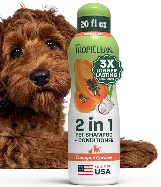 TropiClean 2-in-1 Dog Shampoo and Conditioner, Long Lasting Papaya Scent, Moisturizing Dog Detangler, Puppy & Kitten Safe, Made in the USA, 20oz.