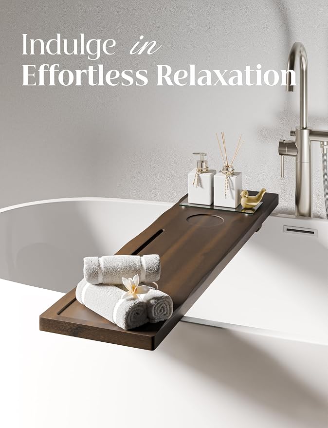 Tinamo Acacia Bathtub Tray Caddy with Adjustable Legs - Bath Tub Tray for Freestanding Tubs - 39x9.75 Inch Large Wooden Anti-Tipping Tub Tray for Bathtub with Accessories Holders (Walnut, 39x9.75) | Acacia Wood, Adjustable Width, 39" x 9.8" x 2.5", Mul...