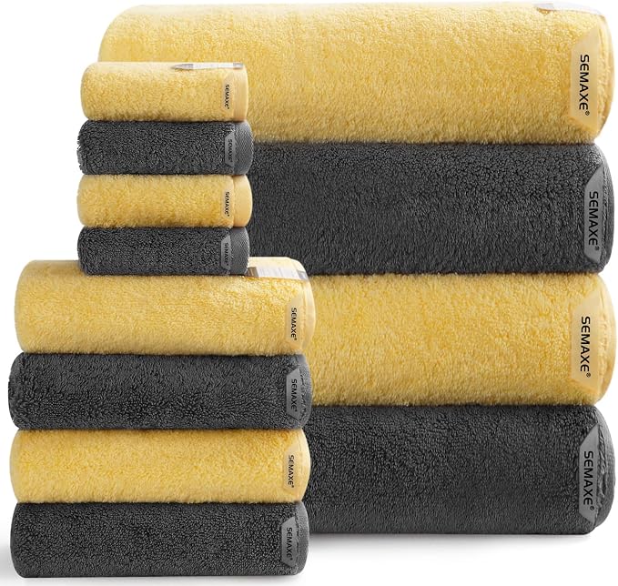 12-Piece Cotton Bath Towel Set with Hanging Loops for Bathroom, Yellow&Gray | Balanced towel set for family showers, sink-side use, guest baths, and wash-day rotation, OEKO-TEX certified, easy care