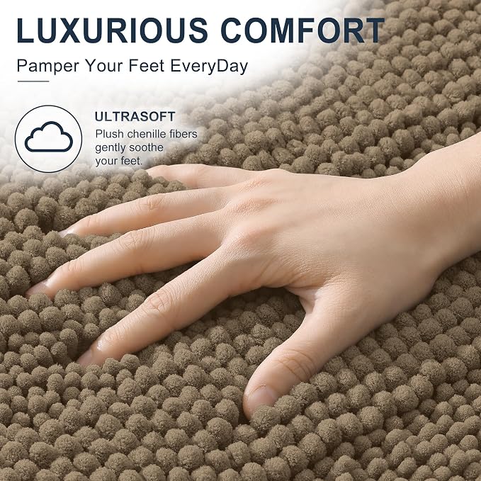 Smiry Thick Chenille Bathroom Runner Rugs 44x24, Extra Absorbent Striped Bath Mat, Machine Washable, Rubber Backing, Long Bath Rugs for Bathroom, Tub & Shower, Home Decor Accessories, Tan