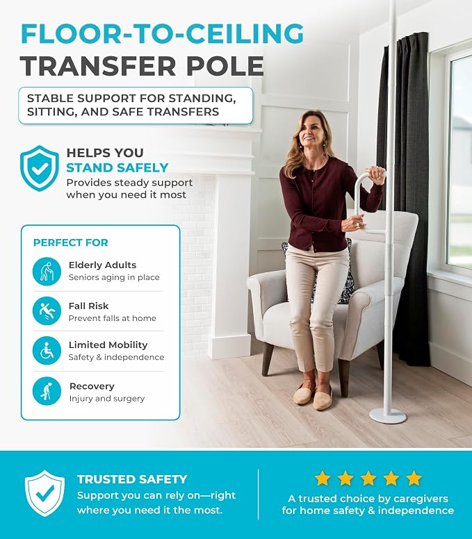 Stander Single Handle Non-Rotating Floor to Ceiling Grab Bar, No-Drill Tension Mounted Transfer Pole for Seniors, Bath Safety & Bedside Assist Rail for Home Standing Support & Fall Prevention, White
