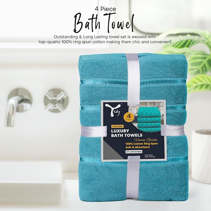 Luxury Bath Towels Set of 4, 27x54 Inches 600GSM 100% Cotton Ring Spun – Daily Use Highly Absorbent Viscose Stripe Bath Towel Sets for Bathroom, Hotel, Spa (Turquoise)