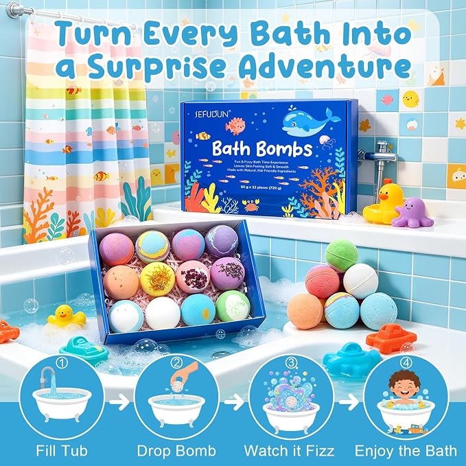 Bath Bombs with Toys Inside, 12pcs Ocean Toy Bath Salt Ball for Kids with Surprise (Sea Animal)