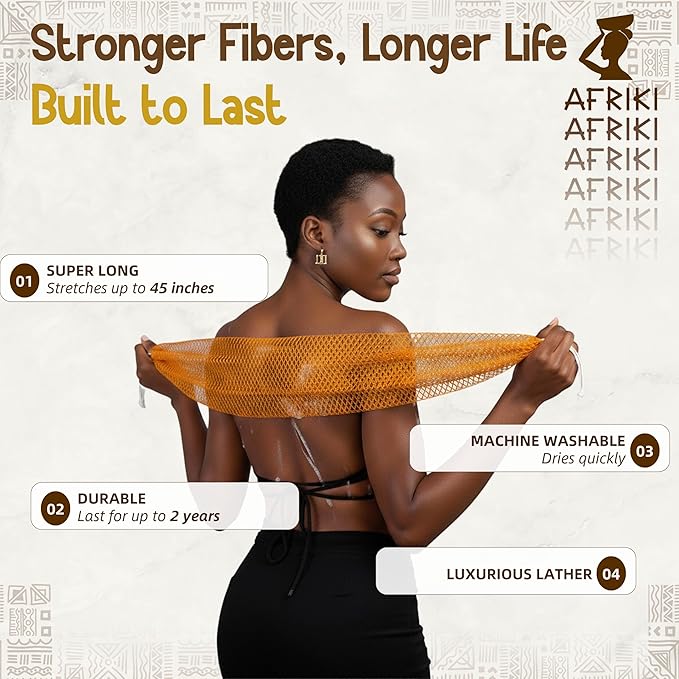 African Net Sponge, Premium Authentic Exfoliating Body Scrubber, Extra Long Stretch Bath Sponge for Shower, Deep Exfoliating Washcloth for Smooth Skin, 1 Pack (Honey Yellow)