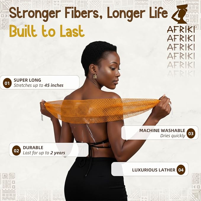 African Net Sponge, Premium Authentic Exfoliating Body Scrubber, Extra Long Stretch Bath Sponge for Shower, Deep Exfoliating Washcloth for Smooth Skin, 1 Pack (Mustard)