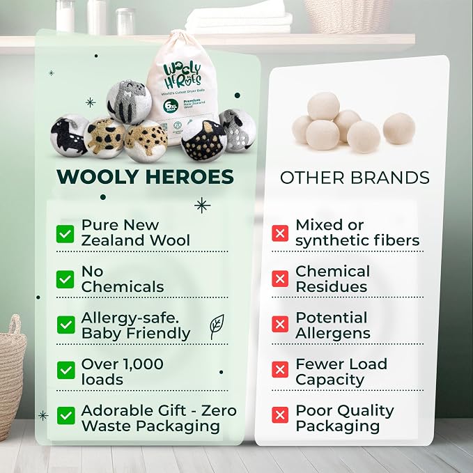 Chemical Free & Baby Safe! Reusable Wool Dryer Balls XL 6-Pack - Reduces Static, Cuts Dry Time, & Softens Naturally