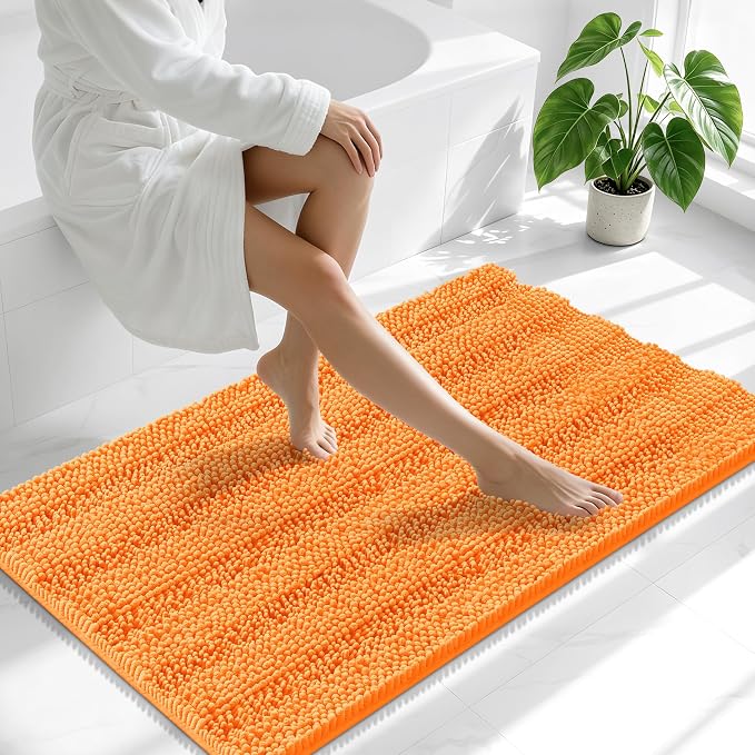 Smiry Thick Chenille Bathroom Runner Rugs 44x24, Extra Absorbent Striped Bath Mat, Machine Washable, Rubber Backing, Long Bath Rugs for Bathroom, Tub & Shower, Home Decor Accessories, Orange