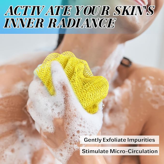African Net Sponge Authentic Exfoliating Body Scrubber for Shower & Bath, Deep Cleansing Lather for Dead Skin Removal, Back Scrubber Gift for Women & Men（Yellow）